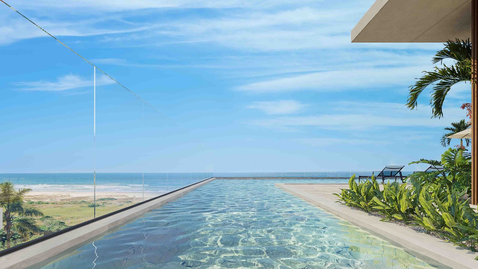 Perspectiva ilustrativa da piscina e do horizonte do mar